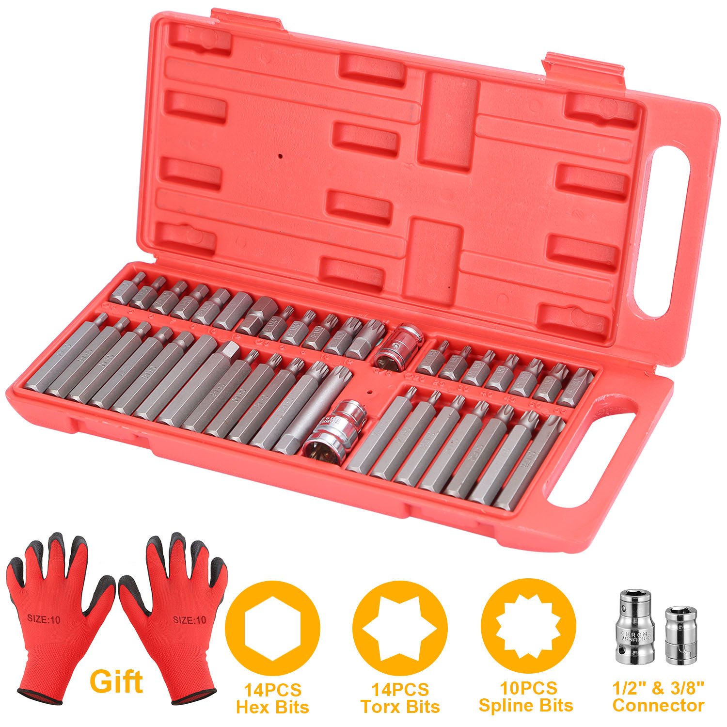 40Pcs Socket Bit Set Hex Torx Spine CRV Combination Bits w/ 3/8"1/2" Drive Free Gloves Case 40Pcs Socket Bit Set Hex Torx Spine CRV Combination Bits w/ 3/8"1/2" Drive Free Gloves Case