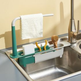 1pc Telescopic Sink Sponges Storage Rack; Adjustable Soap Sponge Organizer For Kitchen Sponge And Soap; Expandable Storage Drain Basket With Dishcloth (Color: Green)