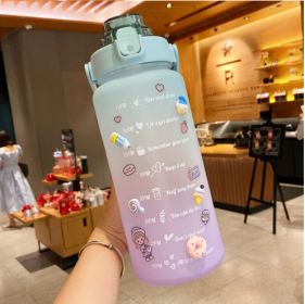 2 Liter Water Bottle With Straw Motivational Water Jug Plastic Frosted Bottles With Time Marker Outdoor Sports Water Bottles Cup (Color: B-Green Purple)